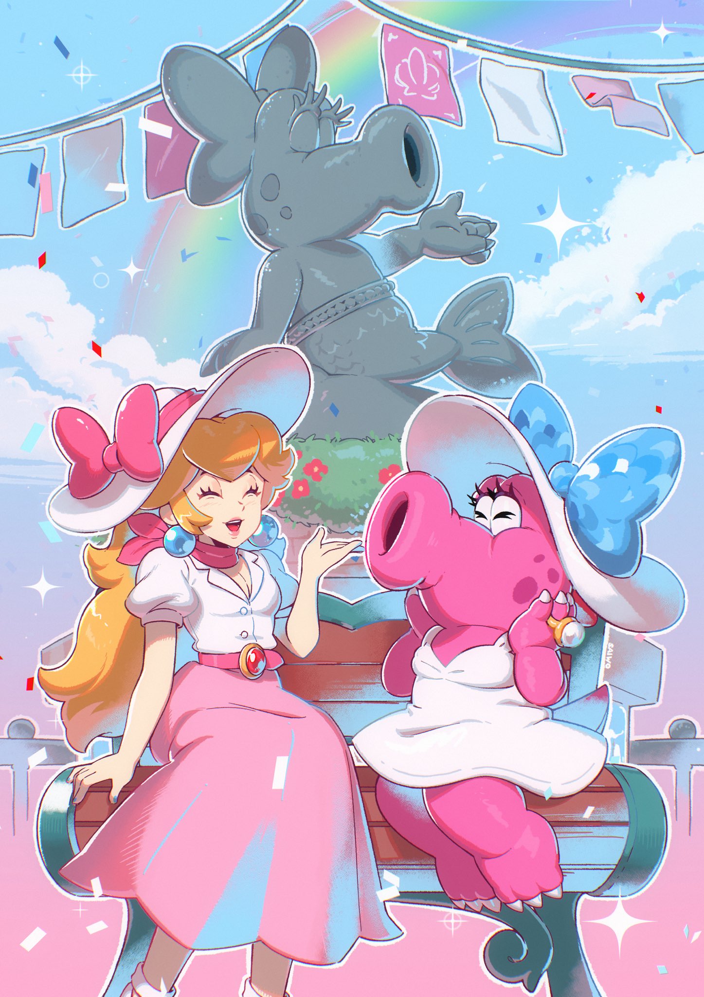 2girls, bench, birdo, blonde_hair, blue_sky, bow, breasts, closed_eyes