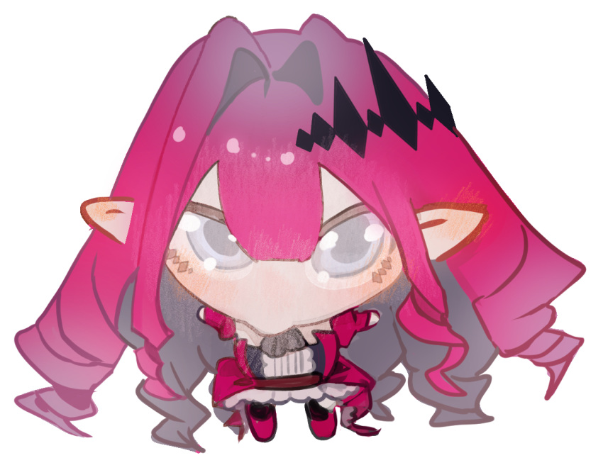 1girl, baobhan_sith_(fate), baobhan_sith_(first_ascension)_(fate), blush, chibi, commission, commissioner_upload, detached_sleeves, dress, fate/grand_order, fate_(series), full_body, grey_eyes, hair_ornament, looking_at_viewer, non-web_source, pink_dress, pink_hair, pointy_ears, resenri, solo, transparent_background