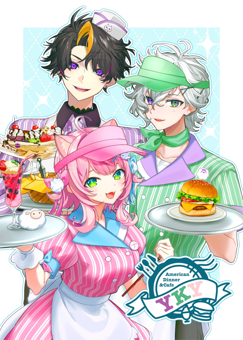 1girl, 2boys, :d, absurdres, ahoge, animal_ear_fluff, animal_ears, antenna_hair