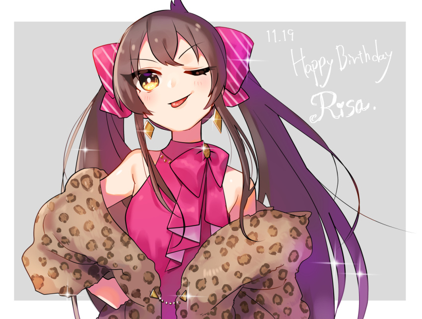 1girl, animal_print, border, brown_hair, dress, earrings, glint, happy_birthday