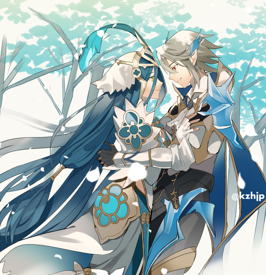 1boy, 1girl, azura_(fire_emblem), azura_(vallite_songstress)_(fire_emblem), blue_hair, commentary_request, dress, eye_contact, fire_emblem, fire_emblem_fates, fire_emblem_heroes, grey_hair, hair_tubes, highres, kazuha_(kazuha1003), long_hair, looking_at_another, male_corrin_(fire_emblem), male_corrin_(hoshido_noble)_(fire_emblem), official_alternate_costume, pointy_ears, profile, red_eyes, short_hair, smile, veil, very_long_hair, white_dress, yellow_eyes