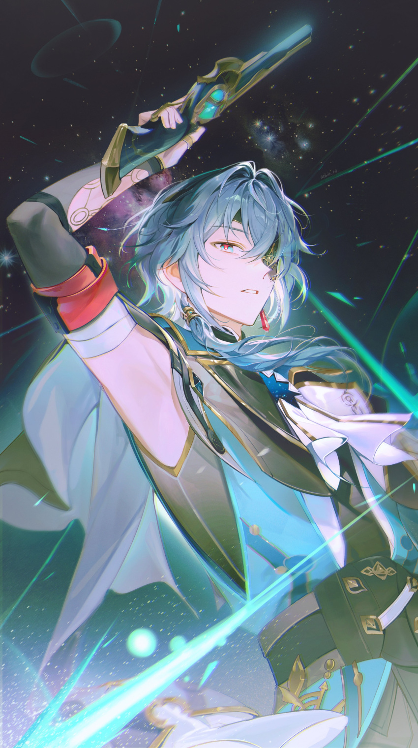 1boy, absurdres, anaxa_(honkai:_star_rail), aqua_eyes, aqua_hair, arm_up, ascot, bina_(sebin_13)
