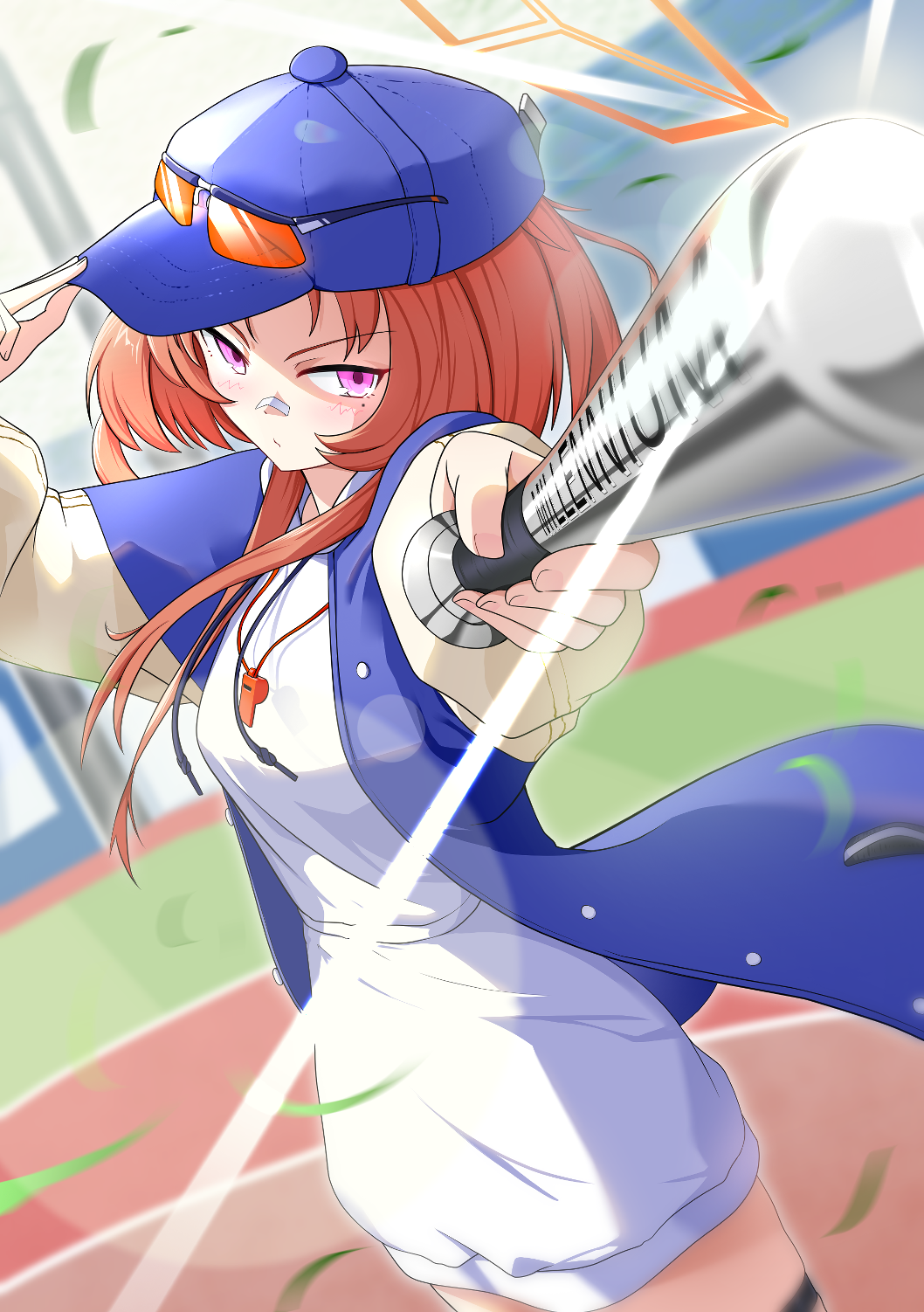 1girl, aluminum_bat, bandaid, bandaid_on_face, bandaid_on_nose, baseball_bat, baseball_cap, baseball_field
