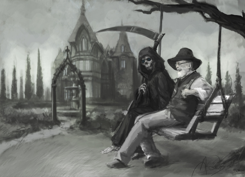 2boys, abend86, absurdres, arch, beard, death_(discworld), death_(entity), discworld, facial_hair, grey_background, greyscale, highres, holding, holding_scythe, mansion, monochrome, multiple_boys, on_swing, patio_chair, scenery, scythe, sitting, swing, terry_pratchett, wide_brim