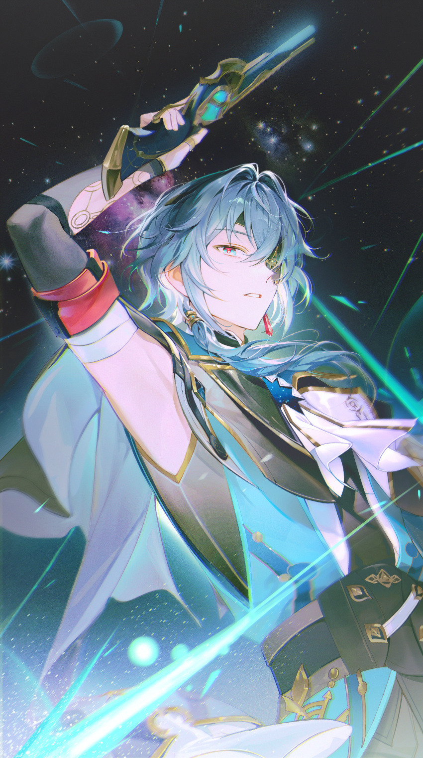 1boy, absurdres, anaxa_(honkai:_star_rail), aqua_eyes, aqua_hair, arm_up, ascot, bina_(sebin_13)