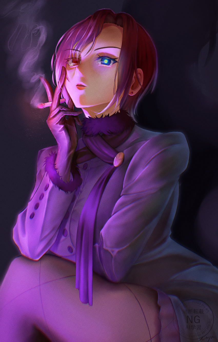 1girl, absurdres, aimyu0601, aozaki_touko, aozaki_touko_(mahou_tsukai_no_yoru), breasts, cigarette, coat