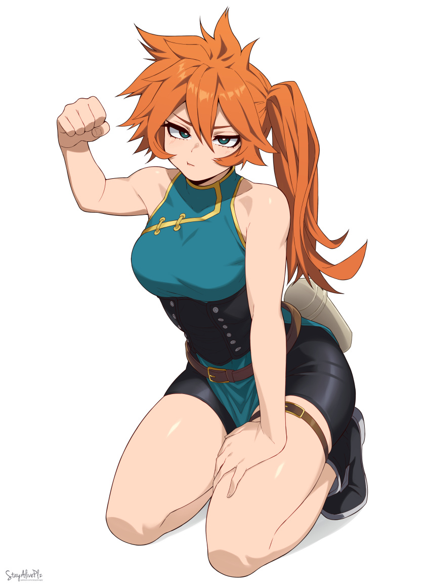 1girl, absurdres, black_boots, black_corset, black_shorts, blue_dress, blue_eyes, boku_no_hero_academia, boots, china_dress, chinese_clothes, clenched_hand, closed_mouth, corset, dress, highres, kendo_itsuka, looking_at_viewer, orange_hair, shorts, side_ponytail, simple_background, solo, stayaliveplz, white_background