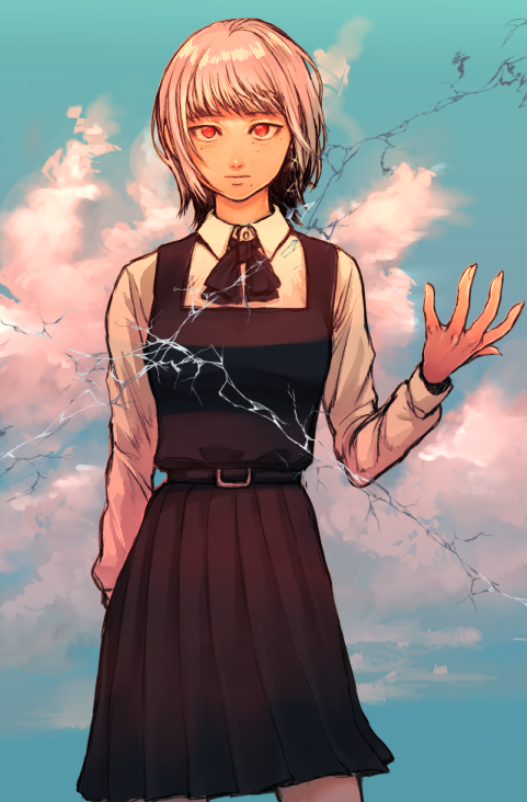 1girl, 3_degrees_celsius, black_dress, blue_sky, chainsaw_man, closed_mouth, clouds, cloudy_sky