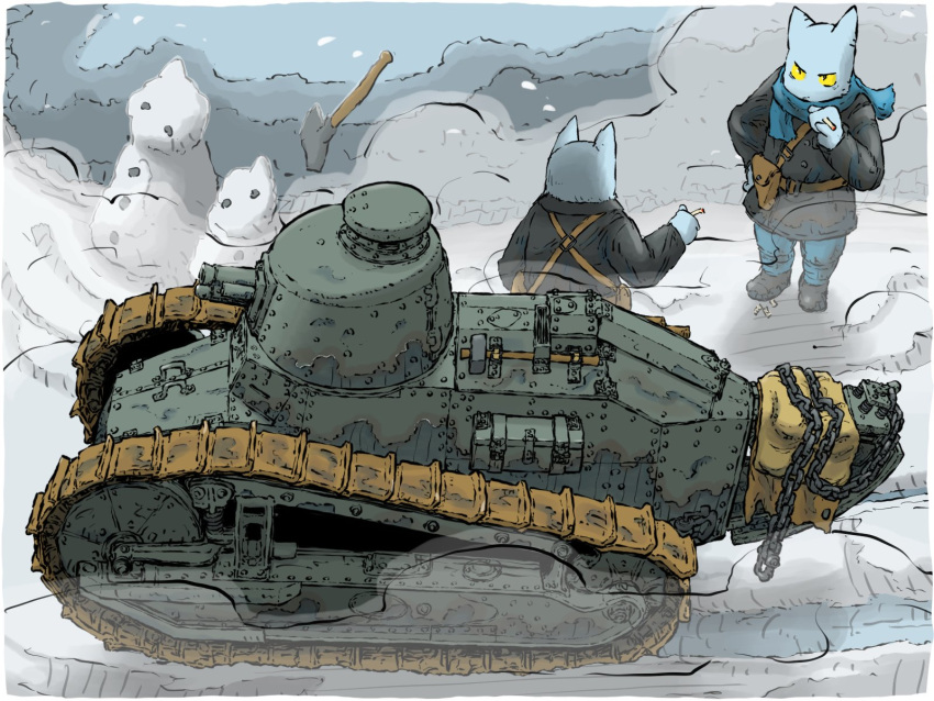 2boys, cannon, cat_boy, caterpillar_tracks, chain, cigarette, fog, hammer