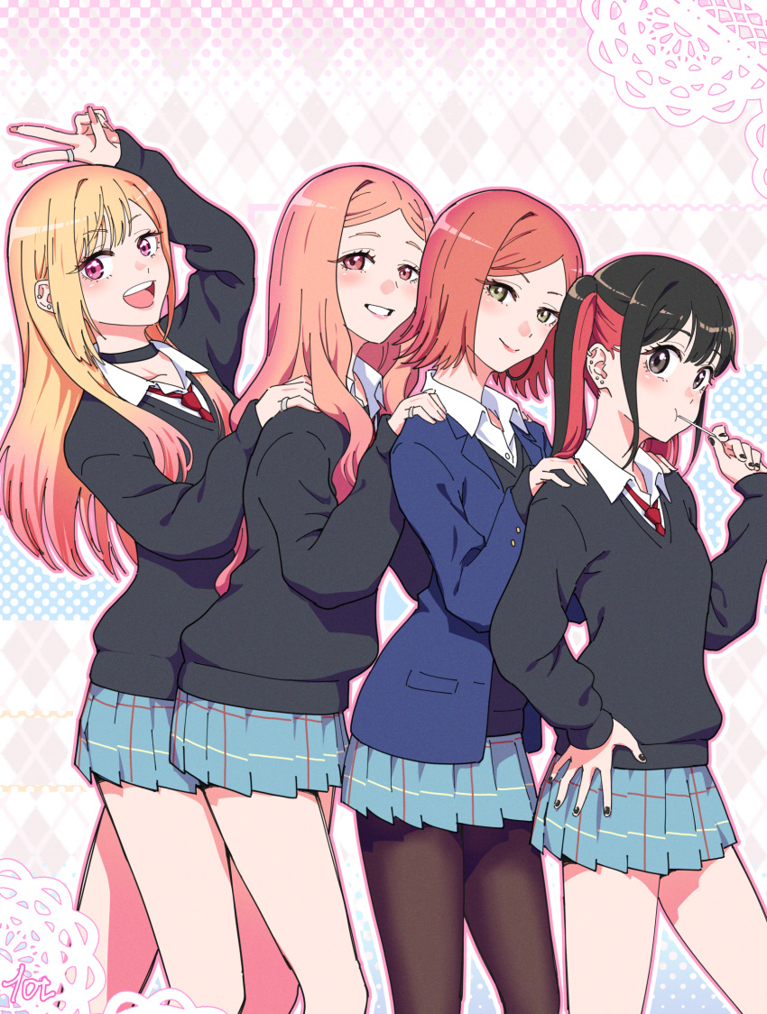10ttruck, 4girls, aqua_skirt, bare_legs, black_cardigan, black_choker, black_hair, black_sweater