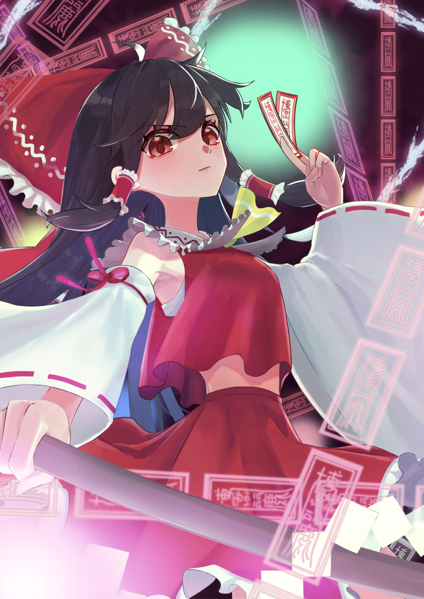 1girl, absurdres, armpits, between_fingers, black_hair, bow, brown_hair, clouds