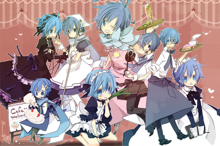 blue_hair, blush, coffee, crossdressinging, dress, glasses, gothic_lolita, kaito