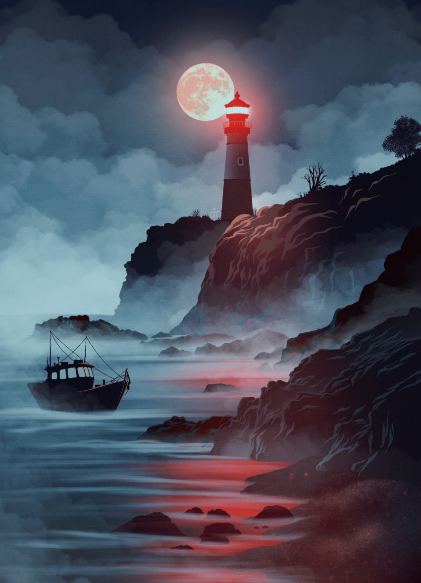 boat, canvas_texture, clouds, commentary, dredge_(video_game), english_commentary, fog, full_moon