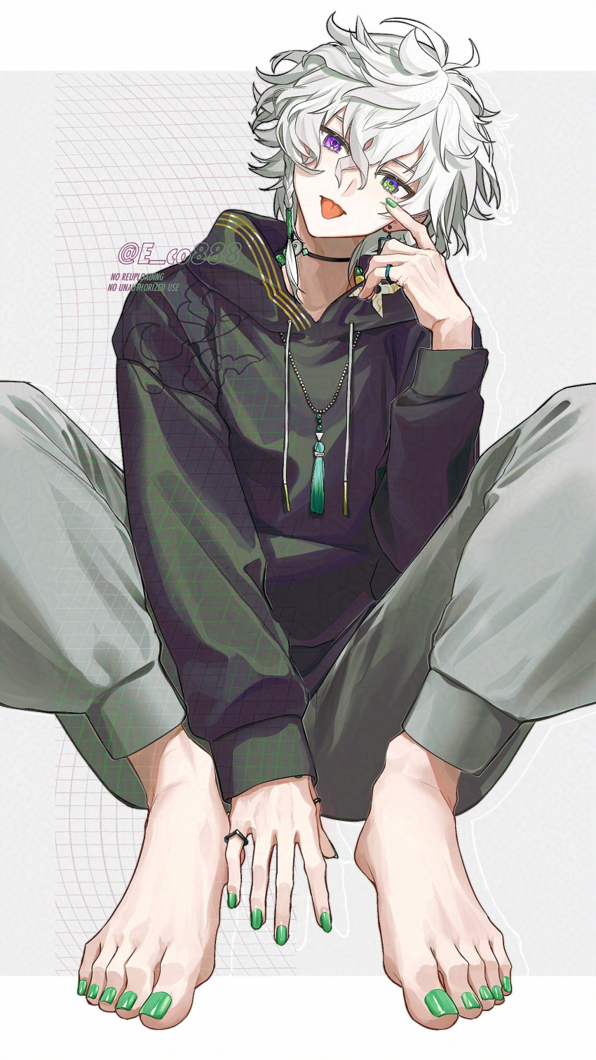 1boy, :p, absurdres, antenna_hair, artist_name, barefoot, black_hoodie, braid, closed_mouth, commentary_request, crossed_bangs, drawstring, earrings, feet, fingernails, green_eyes, green_nails, grey_background, grey_pants, hair_between_eyes, hanafuda_earrings, hand_up, head_tilt, heterochromia, highres, holding, holding_shuriken, holding_weapon, hood, hood_down, hoodie, ikoma_koma, jewelry, knees_up, long_sleeves, looking_at_viewer, male_focus, murakumo_kagetsu, nail_polish, neck_tassel, necklace, nijisanji, pants, ring, short_hair, shuriken, side_braid, single_braid, single_earring, sitting, solo, tassel, thumb_ring, toenail_polish, toenails, toes, tongue, tongue_out, twitter_username, violet_eyes, virtual_youtuber, watermark, weapon, white_hair