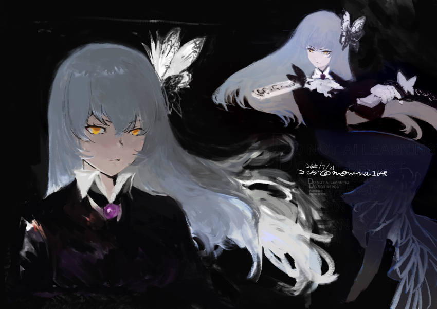 1girl, absurdres, alternate_costume, angela_(project_moon), black_background, black_butterfly, black_dress, blue_hair