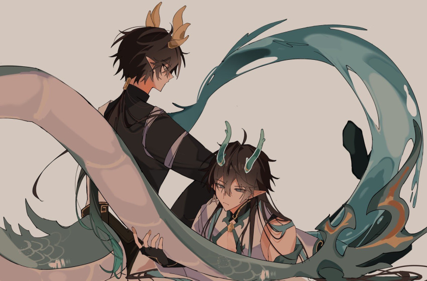 2boys, aqua_horns, back, black_hair, black_shirt, closed_mouth, dan_heng_(honkai:_star_rail), dan_heng_(imbibitor_lunae)_(honkai:_star_rail)