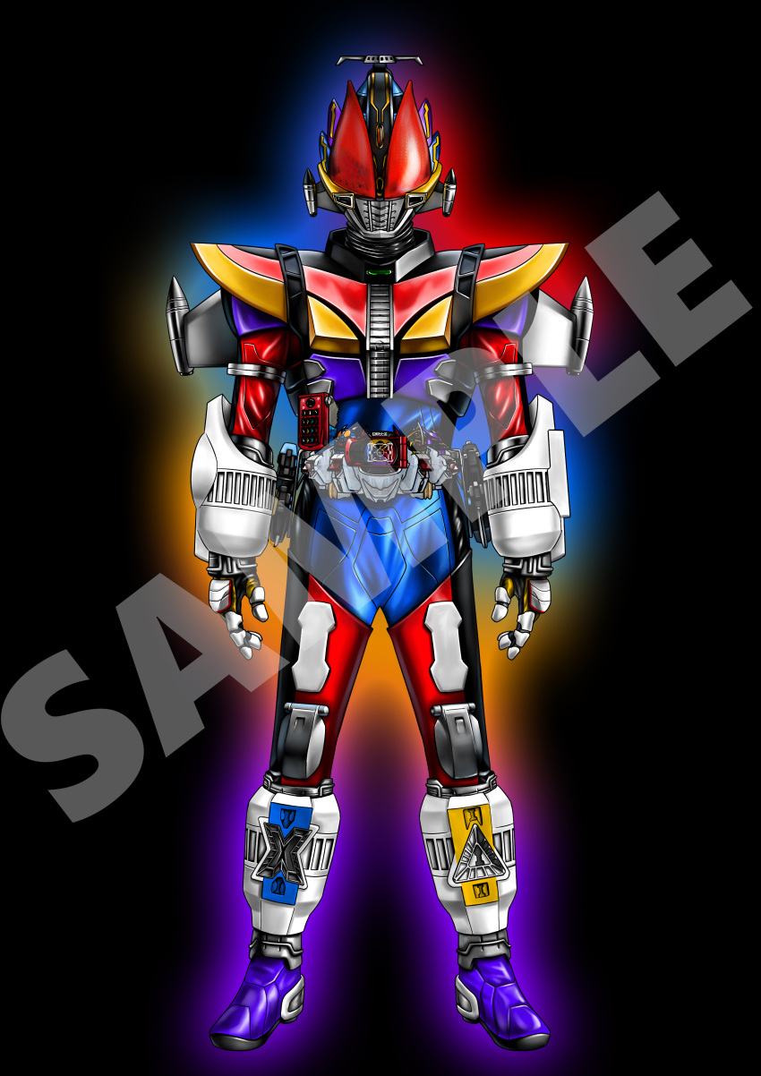 1boy, absurdres, armor, astro_switch, barizun_sword, belt, compound_eyes, cosmic_switch