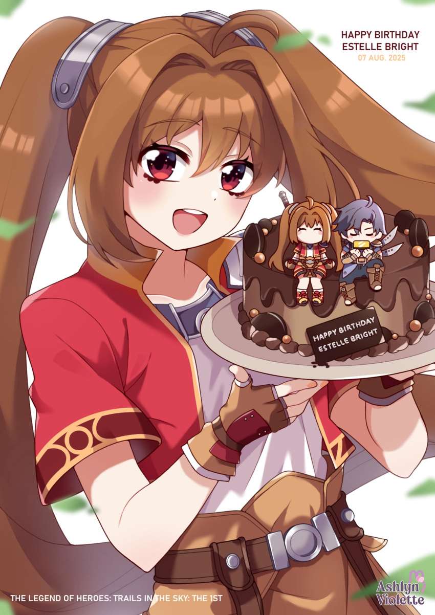 1girl, ahoge, antenna_hair, ashlyn_violette, brown_gloves, brown_hair, chibi, cropped_jacket, dated, double-parted_bangs, eiyuu_densetsu, english_text, estelle_bright, falling_leaves, fingerless_gloves, gloves, hair_between_eyes, hair_intakes, happy_birthday, highres, leaf, long_hair, red_eyes, short_sleeves, solo_focus, sora_no_kiseki, twintails