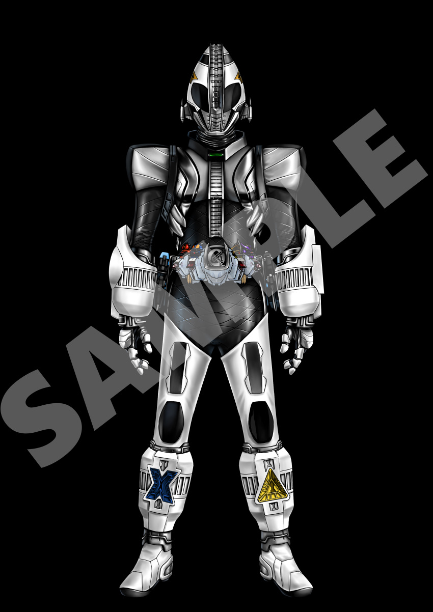 absurdres, armor, astro_switch, belt, black_bodysuit, bodysuit, compound_eyes, den-o_belt