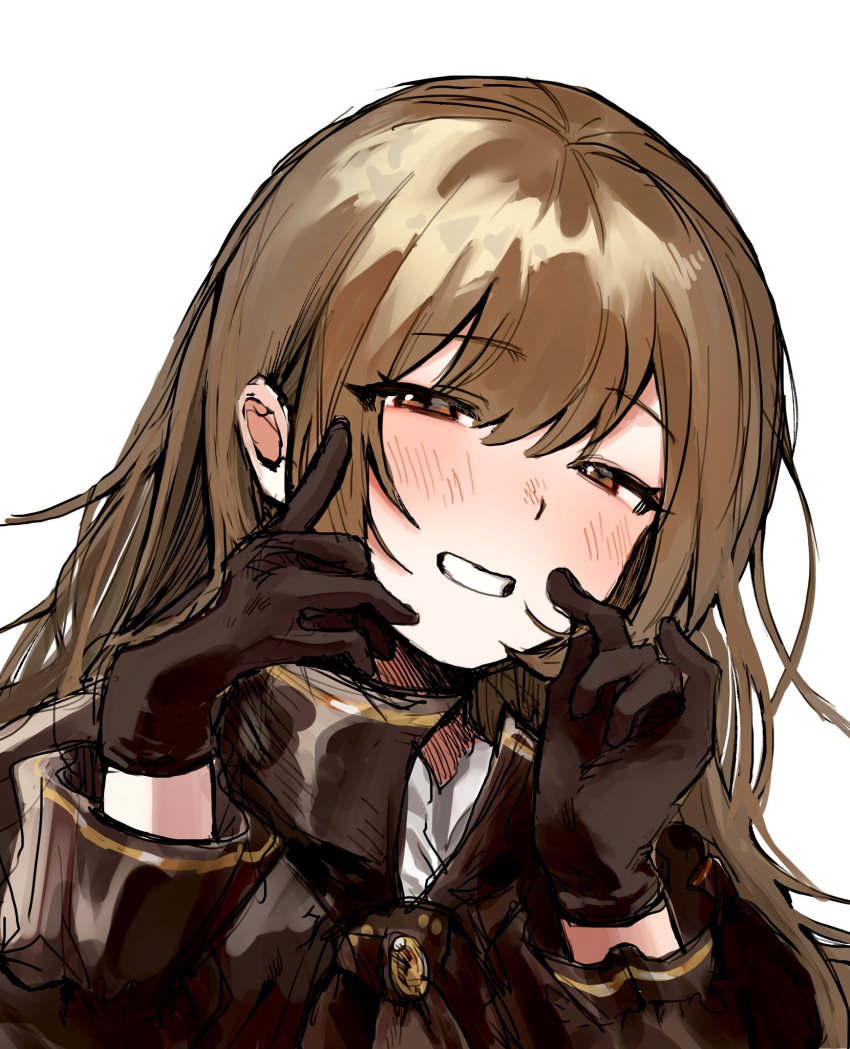 1girl, anoon133, blush, brown_dress, brown_eyes, brown_gloves, brown_hair, catherine_(project_moon)