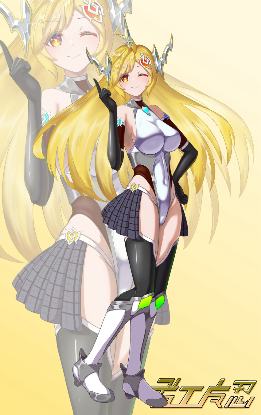 1girl, absurdres, anno_syura, bare_shoulders, blonde_hair, breasts, closed_mouth, dragon_musume_ni_naritakunai!, duel_masters, elbow_gloves, full_body, gloves, hair_ornament, highleg, highleg_leotard, highres, impossible_clothes, large_breasts, leotard, long_hair, one_eye_closed, orange_eyes, pointing, pointing_up, shiny_clothes, skin_tight, smile, solo, taimanin_suit, very_long_hair, wato_(watto1005)