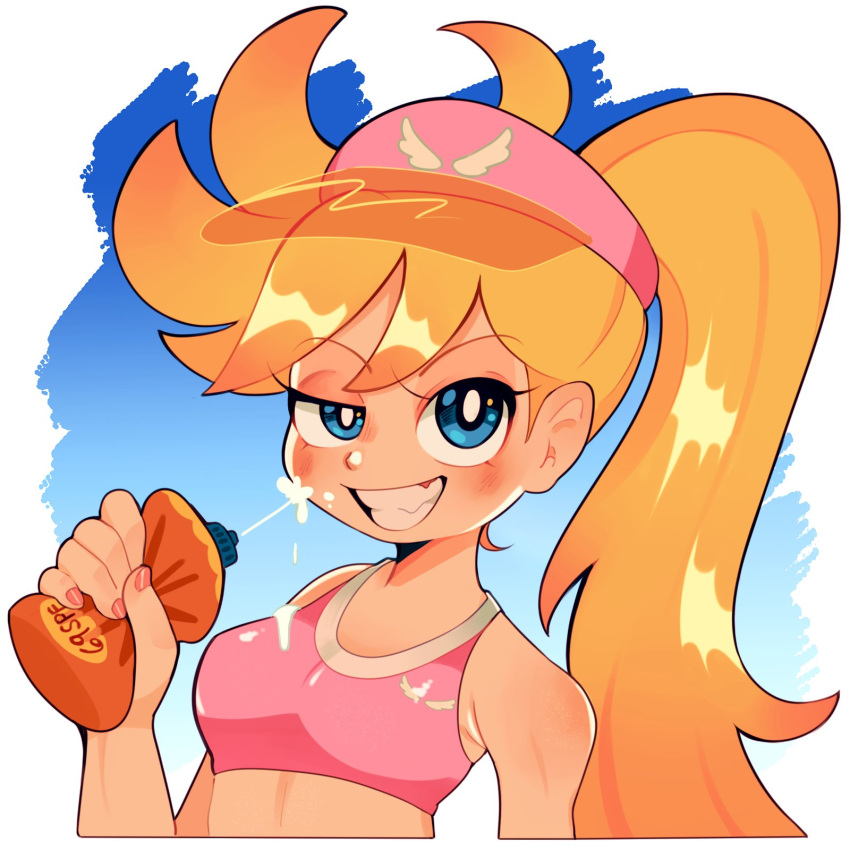 1girl, applying_sunscreen, blonde_hair, blue_eyes, clem_(calmeremerald), highres, holding_sunscreen, naughty_face, panty_&amp;_stocking_with_garterbelt, panty_(psg), pink_top, ponytail, smile, swimsuit, visor_cap