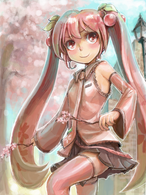 >:), alternate_color, alternate_hair_color, cherry, cherry_blossoms, detached_sleeves, food, fruit, hatsune_miku, headset, heus_(nuntarou), long_hair, necktie, object_namesake, pink_eyes, pink_hair, sakura_miku, skirt, smile, solo, tegaki, thigh-highs, thighhighs, twintails, very_long_hair, vocaloid, zettai_ryouiki