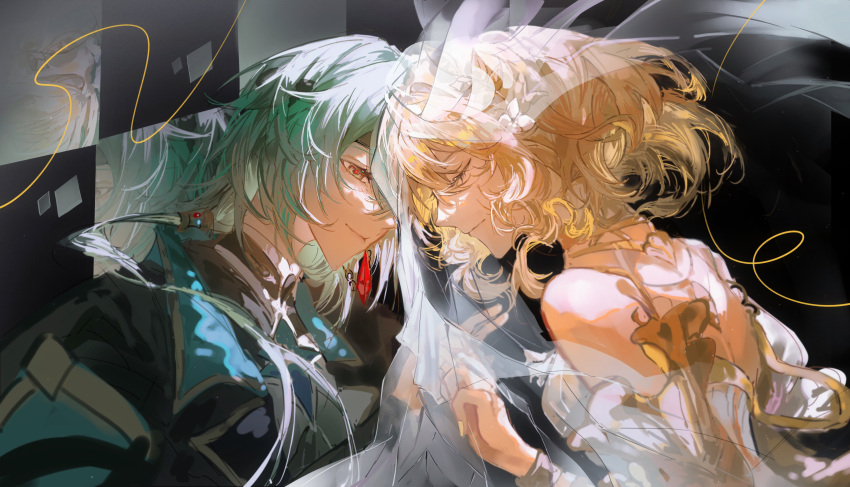 1boy, 1girl, absurdres, aglaea_(honkai:_star_rail), anaxa_(honkai:_star_rail), bare_shoulders, black_coat, blonde_hair