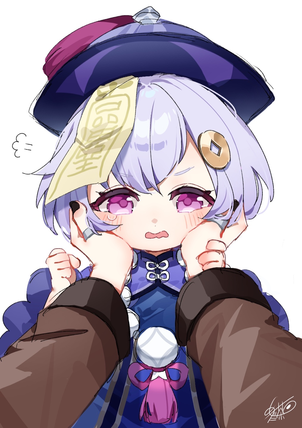 2girls, blush, coin_hair_ornament, commentary_request, genshin_impact, hair_ornament, hands_on_another's_cheeks, hands_on_another's_face