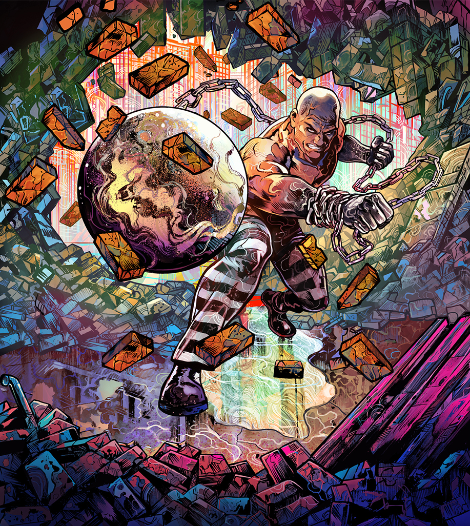 absorbing_man, abstract_background, bald, brick, brick_wall, cement, chain, checkered_clothes