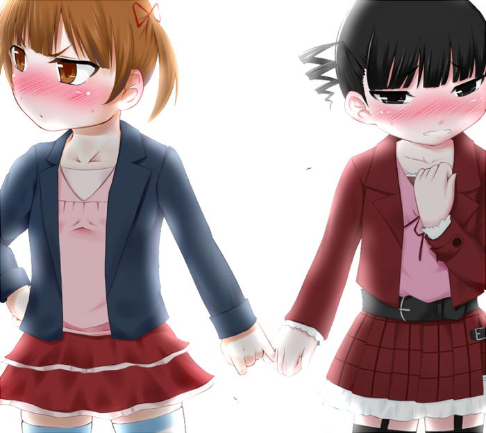 black_hair, blush, brown_eyes, brown_hair, hand_holding, holding_hands, marui_mitsuba, mitsudomoe