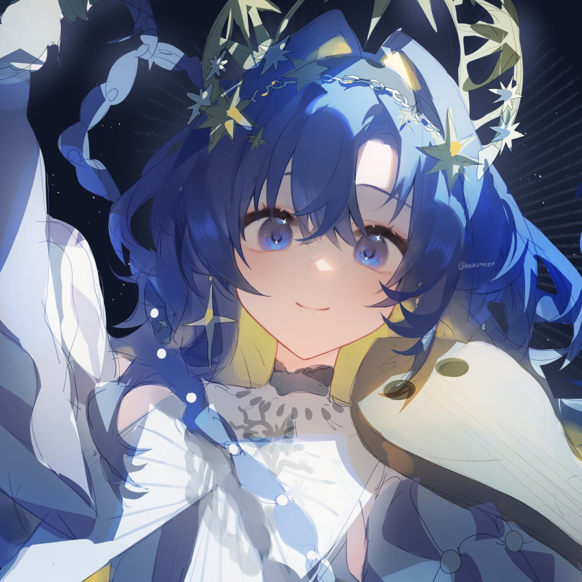 1girl, arm_up, black_background, blonde_hair, blue_eyes, blue_hair, closed_mouth, colored_inner_hair