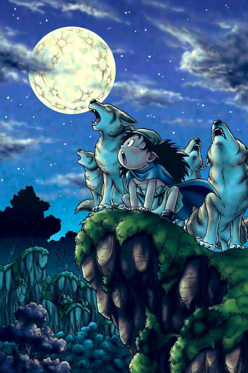 1boy, adversarial_noise, all_fours, black_eyes, black_hair, blue_cloak, blue_sky, child, cliff, cloak, clouds, commentary_request, dragon_quest, dragon_quest_vii, forest, full_moon, gabo, grass, grey_hat, grey_pants, hat, highres, howling, long_hair, male_focus, moon, murakami_yumiko, nature, night, open_mouth, outdoors, pants, profile, sky, star_(sky), toriyama_akira_(style), wolf