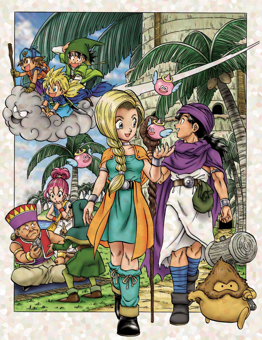 2girls, 6+boys, :d, adversarial_noise, angel_slime, aqua_dress, armlet, bianca_(dq5)