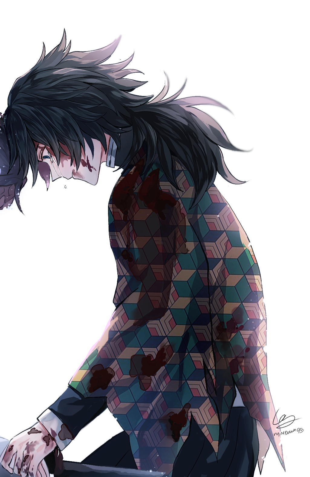 1boy, black_hair, black_jacket, black_pants, blood, blood_on_face, blue_eyes, crying, crying_with_eyes_open, demon_slayer_uniform, haori, highres, injury, jacket, japanese_clothes, kimetsu_no_yaiba, low_ponytail, male_focus, mdawn95, pants, ponytail, puffy_pants, signature, simple_background, solo_focus, spiky_hair, tears, tomioka_giyuu, twitter_username, white_background