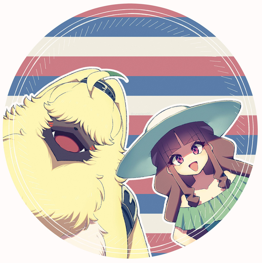 1boy, 1girl, angoramon, body_fur, brown_hair, commentary_request, digimon, digimon_(creature), digimon_ghost_game, dress, flag_background, floppy_ears, furry, furry_male, hat, hawaiian_flag, highres, long_hair, looking_at_viewer, off-shoulder_dress, off_shoulder, open_mouth, rabbit_boy, runapiero, striped_background, sun_hat, tsukiyono_ruli, tusks, violet_eyes, yellow_fur