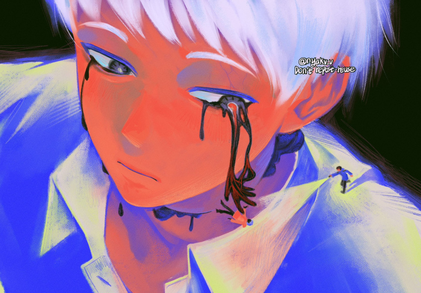 3boys, black_background, black_eyes, closed_mouth, collared_shirt, expressionless, highres, hikaru_ga_shinda_natsu