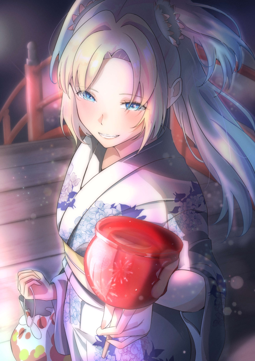 1girl, arch_bridge, bag, blonde_hair, blue_eyes, blue_hair, blush, bridge