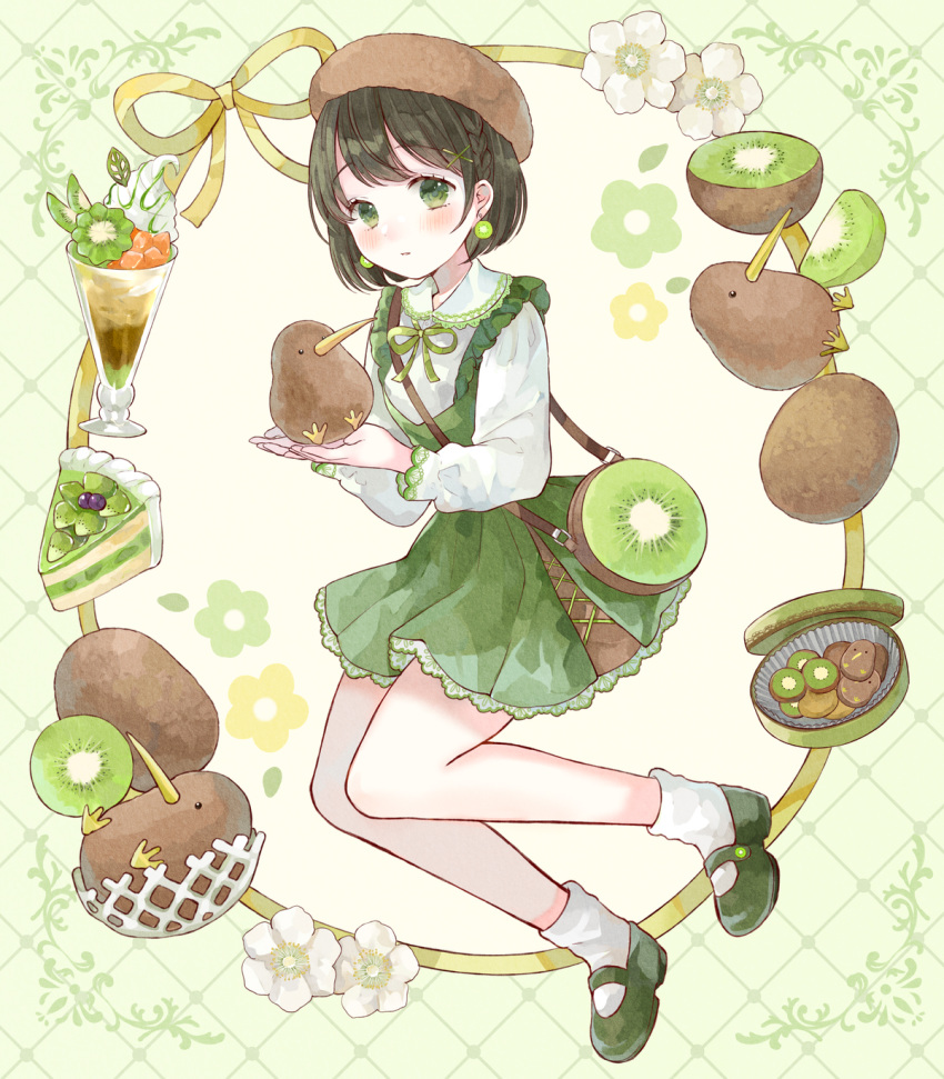 1girl, animal, argyle_background, bag, beret, bird, black_hair, blueberry