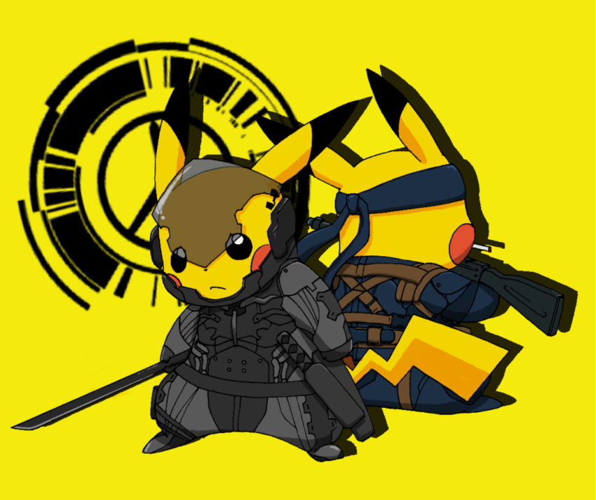 back-to-back, cosplay, crossover, facing_away, gun, headband, holding, holding_gun, holding_sword, holding_weapon, holster, katana, metal_gear_(series), metal_gear_solid_4:_guns_of_the_patriots, old_snake, old_snake_(cosplay), peace_symbol, pokachuu, pokemon, pokemon_(creature), raiden_(metal_gear), raiden_(metal_gear)_(cosplay), sneaking_suit, sword, unlit_cigarette_in_mouth, weapon, yellow_fur