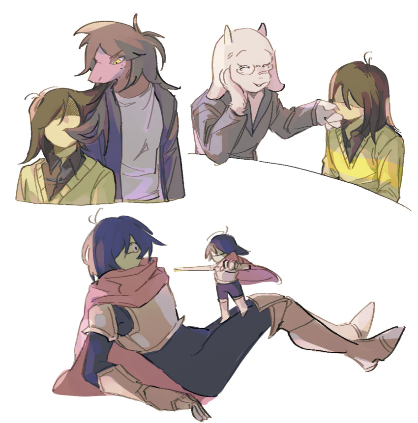 1other, 2girls, animal_ears, armor, black_shirt, blue_hair, brown_hair, cheek_pull