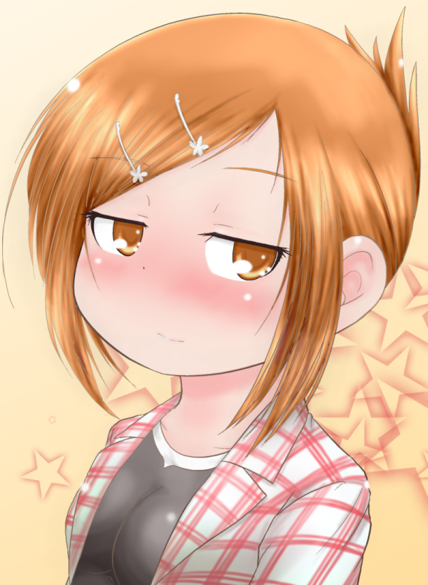 blush, bust, chuubi_jun, chuubijun, eyebrows, hair_ornament, hairclip, light_smile, mitsudomoe, miyashita, orange_hair, short_hair, solo, star, starry_background