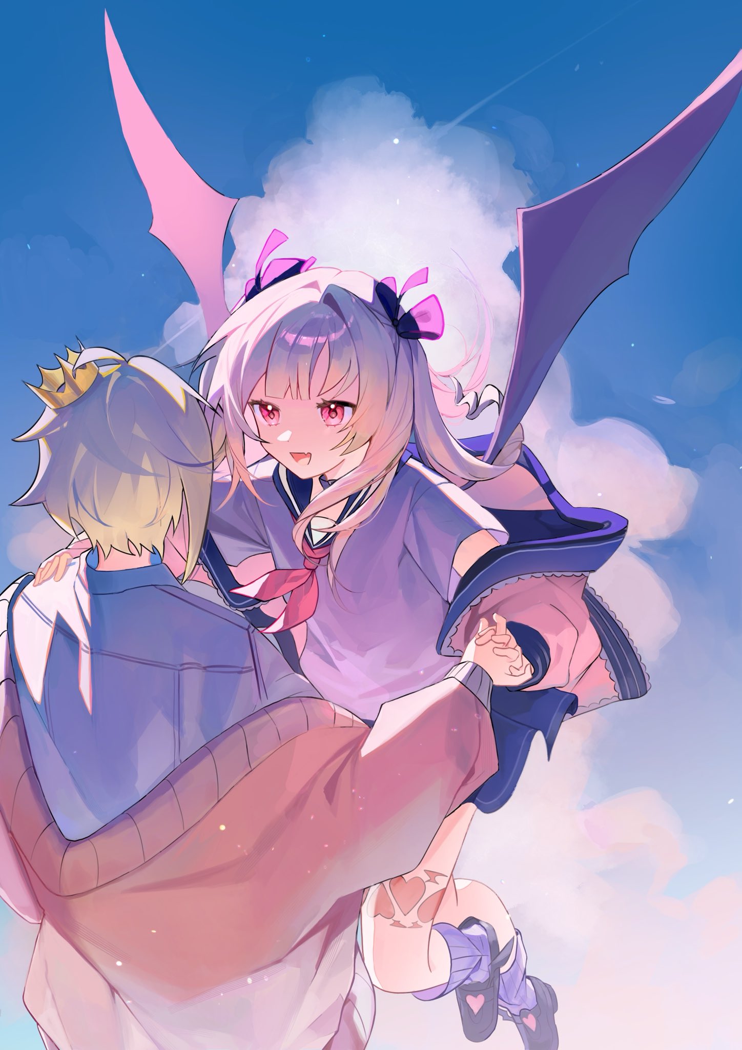 1boy, 1girl, black_shoes, blonde_hair, blue_sailor_collar, blue_skirt, grey_hair, hair_ribbon, highres, holding_hands, jacket, long_hair, makaino_ririmu, neckerchief, nijisanji, pink_eyes, pink_jacket, purple_ribbon, purple_socks, red_neckerchief, ribbon, sa_mhe, sailor_collar, shirt, shoes, short_hair, skirt, socks, uzuki_kou, virtual_youtuber, white_shirt, wings, yellow_jacket