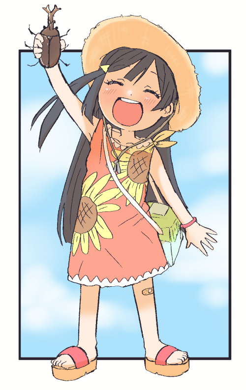 1girl, aged_down, animal, bandaid, bandaid_on_leg, blue_background, blue_sky, brown_sandals