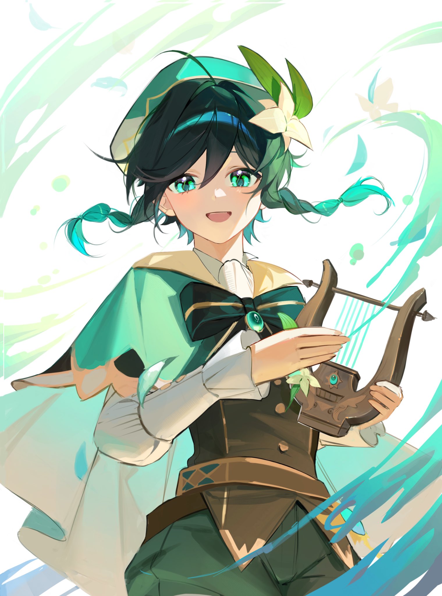 1boy, aqua_eyes, aqua_hair, beret, black_bow, black_hair, bow, braid