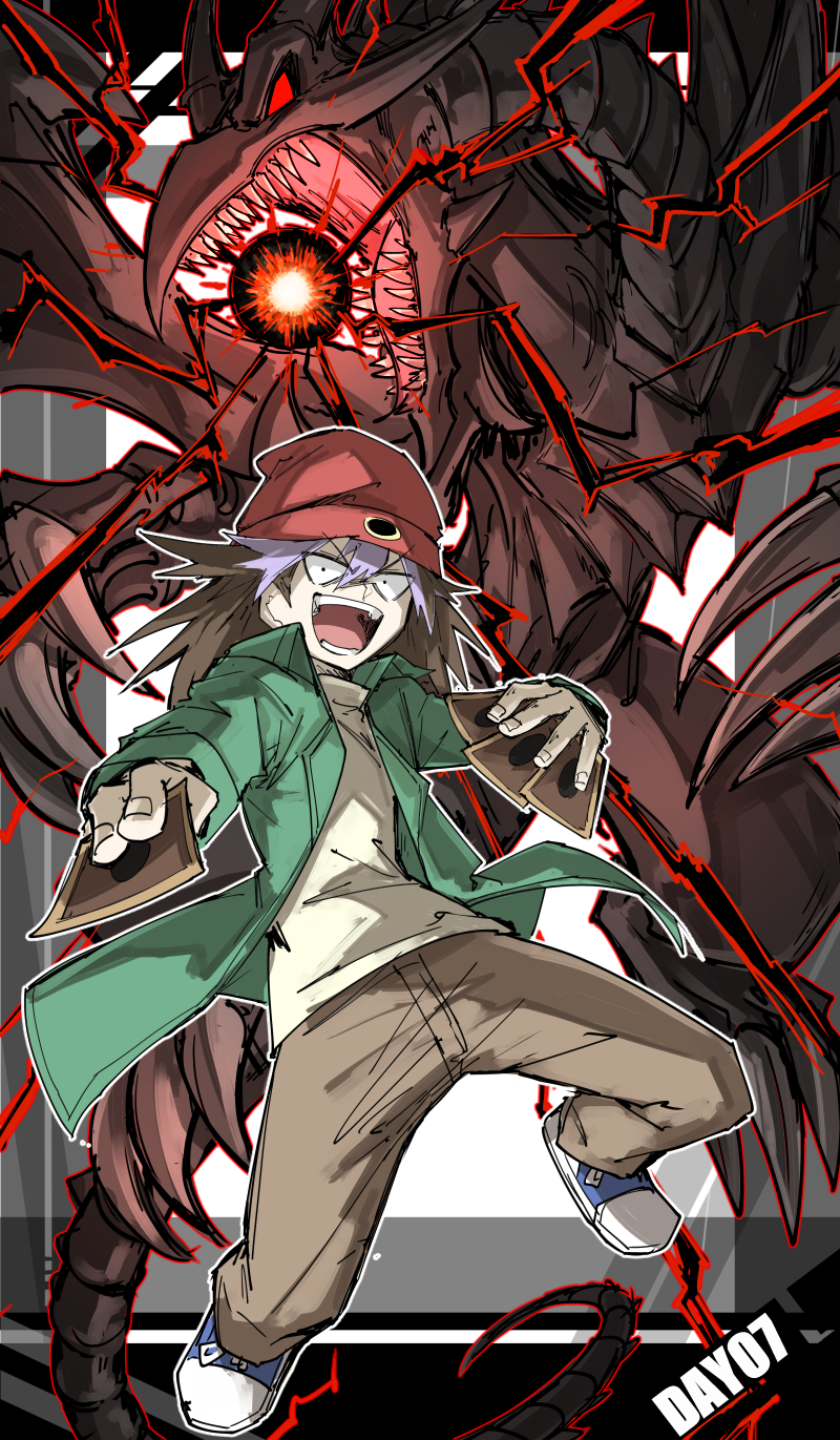 1boy, beanie, black_scales, breath_weapon, brown_hair, brown_pants, card, claws