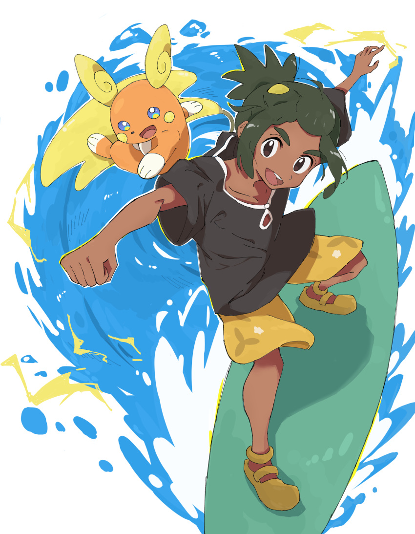1boy, 1other, :d, absurdres, alolan_raichu, black_shirt, blue_eyes, brown_eyes, capri_pants, clenched_hand, commentary, dark-skinned_male, dark_skin, electricity, green_hair, hair_ornament, hau_(pokemon), highres, looking_at_viewer, orange_fur, orange_shoes, pants, pokemon, pokemon_(creature), pokemon_sm, pokeseru, ponytail, shirt, shoes, short_ponytail, shorts, smile, surfboard, surfing, t-shirt, tail, water, yellow_shorts