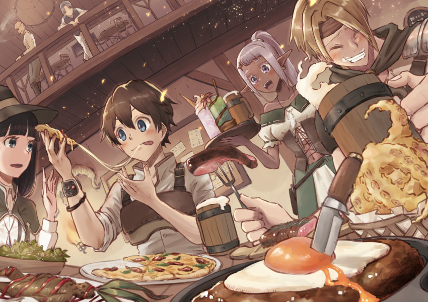 2girls, 4boys, armor, black_hair, blue_eyes, blunt_bangs, blush, bracelet