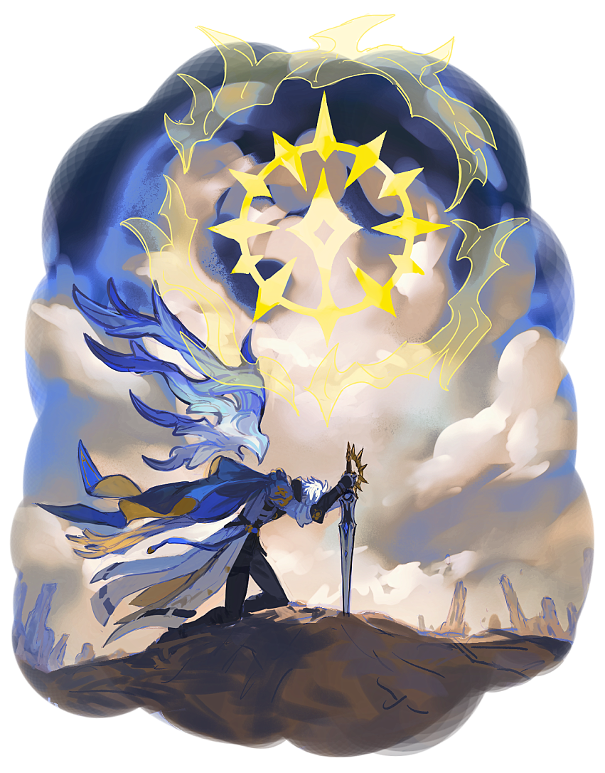 1boy, bent_over, black_pants, blue_cape, blue_wings, border, cape, clouds