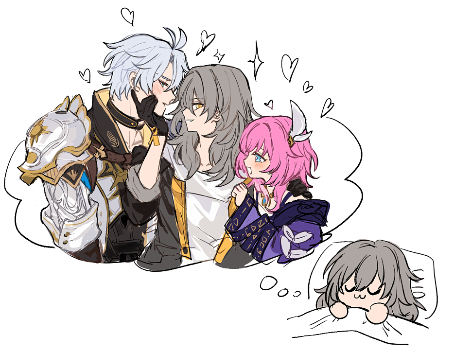 1boy, 2girls, armor, bisexual_female, black_gloves, blanket, blue_eyes, chibi